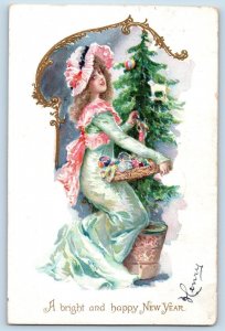 New Year Postcard Pretty Girl Decorating Christmas Tree Embossed Tuck Newark NJ