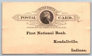 1892  First National Bank  Kendallville  Indiana  Postal Card  Postcard