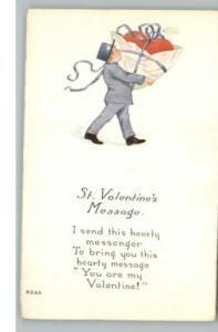 VALENTINE Mailman w Wrapped Heart Old Art Deco Postcard