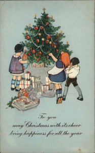 Christmas Cute Kids Children Decorating Tree Vintage Postcard