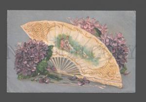 3079430 Bouquet VIOLETS & FAN w/ Lovers Vintage Embossed RPPC