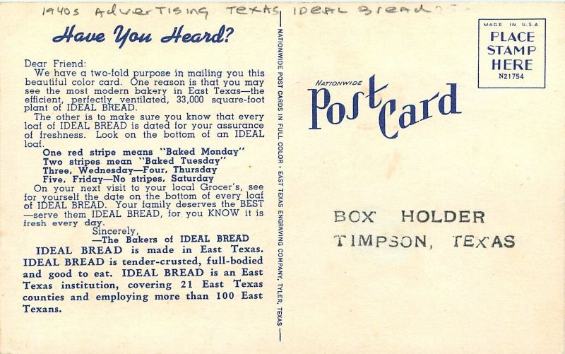 Postcard 1940s Advertising Texas Ideal bread occupation TX24-3755