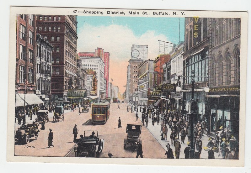 P2106, old postcard buffalo ny trollies cars people signs shopping district