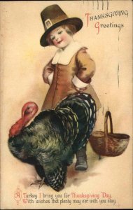 Clapsaddle Wolf Pub Thanksgiving Little Pilgrim Boy with Turkey Vintage Postcard
