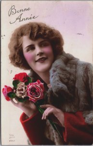 Beautiful Lady Glamour Coloured Bonne Annee  Vintage RPPC C206