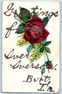 Iverson Burt Iowa Postcard Greetings Roses Glitter Embossed 1910 Vintage Antique