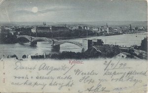 Koblenz Germany, 1899, Moonlight View, Rhine River, Bridge, Coblenz