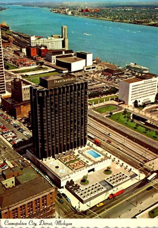 Michigan Detroit Aerial View Hotel Pontchartrain and Detroit River