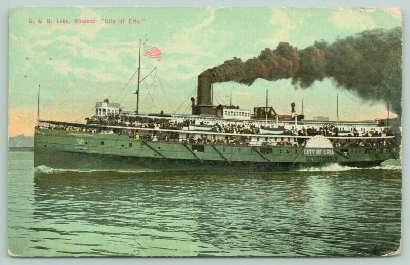 Great Lakes C&B Steamer City of Erie Blows Black Smoke~Passengers on Deck~1911
