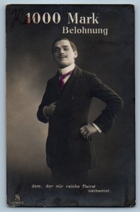 Germany Postcard 1000 Mark Belohnung Coat Tie c1910 Antique Posted RPPC Photo
