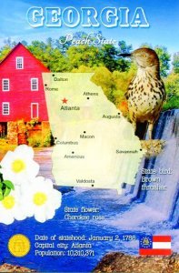 GEORGIA Map Postcard - The Peach State -  State Symbols