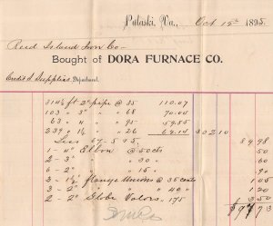 PULASKI VIRGINIA~DORA FURNACE COMPANY~1895 BILLHEAD