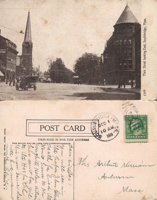 SOUTHBRIDGE MA MAIN STREET ANTIQUE POSTCARD w/ CORK CANCEL