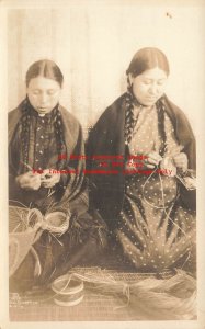 Native American Indians, RPPC, Two Women Weaving Baskets, Curtis 1910 Photo