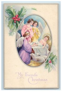 c1910's Christmas  Angels Jesus Christ Lamb Holly Berries Antique Postcard