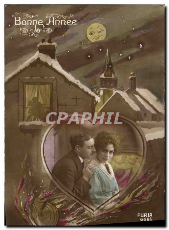 Fantasy Moon Postcard Old Woman Happy Valentine Heart