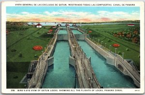 1934 Gatun Locks Showing All Flights Panama Canal Bird's Eye, Vintage Postcard