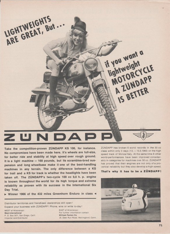 1966 Print Ad Zundapp KS 100 Motorcycle , German Blonde Girl Rider 8 1/2 x 11