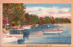 Postcard Indiana Greetings from East Chicago Man Rowing Boat LINEN 1940s K97