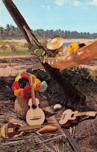 Puerto Rico  CRAFTS on BEACH  Hammock~Guitars~Hats~Baskets  Chrome Postcard