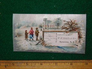 1870s-80s W H Schilly & Bro Merry Christmas Kids Walking Church Trade Card F33