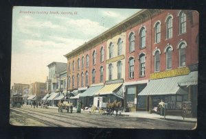 AURORA ILLINOIS DOWNTOWN BROADWAY STREET SCENE STORES VINTAGE POSTCARD