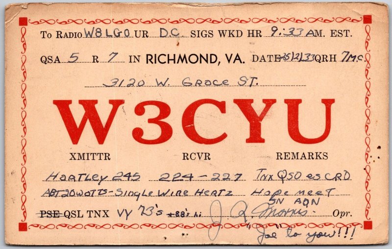 1934 QSL Radio Card Code W3CYU Richmond Virginia Amateur Station Posted Postcard