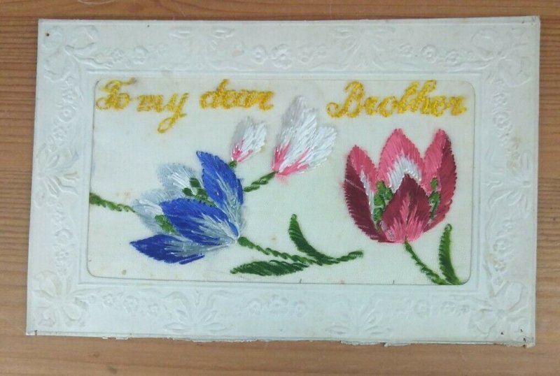 WW1 Embroidered Silk Postcard  To My Dear Brother Crocuses (M1B) 