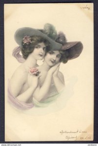 Beautiful ladies in hats close to one another hand color postcard. 1908 postcard