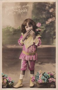 RP: NEW YEAR, PU-1908; Boy with flowers sending kisses