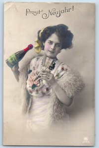Germany Postcard RPPC Photo Pretty Woman New Year Champagne c1910's Antique