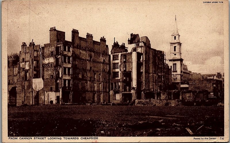 c1939 WWII LONDON BOMBING DESTRUCTION PHOTO CHEAPSIDE CANNON ST POSTCARD 29-185 