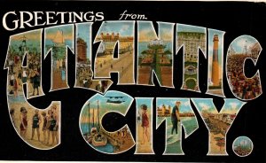 Greetings From Atlantic City New Jersey Large Big Letter Linen Postcard 1935 NJ