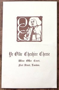 1950s FLEET ST LONDON ENGLAND YE OLDE CHESHIRE CHEESE RESTAURANT MENU Z5593