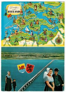 Postcard Netherlands 1965 Zeeland Map Folklore Traditional Clothes Coat of Arms