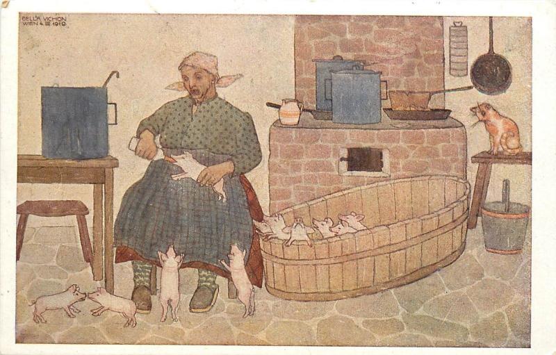 c1919 Art Postcard; Austrian Peasant Woman in Kitchen Feeds Piglets from Bottle