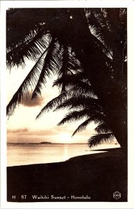 RPPC Postcard Waikiki Sunset Palm Trees Honolulu Hawaii 1950s