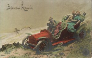 Sculpture Relief Romance Couple Auto Car Cupid New Year Real Photo Postcard