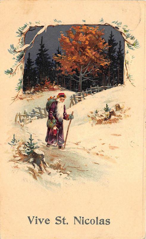 Christmas Brown Robed Santa Claus Vive St. Nicolas Belgium Postcard