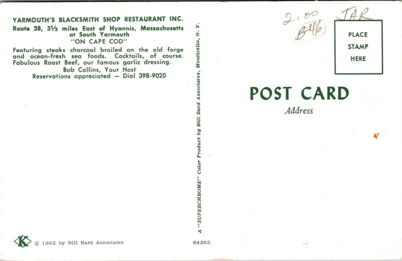 Yarmouth Blacksmith Shop Resturant Hyannis Massachusetts MA Dual View Postcard 