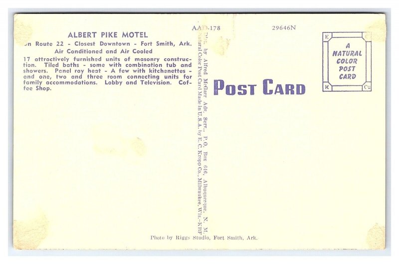 Albert Pike Motel Fort Smith Arkansas Postcard Sign