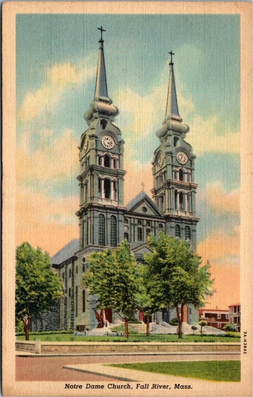 Postcard MA Bristol County Fall River Notre Dame Church LINEN 1940s H17