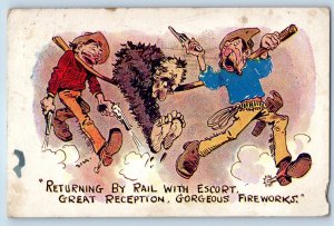 1910 Humor Men With Gun Returning By Rail With Escort Great Reception Postcard
