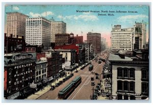 c1950 Woodward Avenue From Jefferson Ave. Buildings Railway Detroit MI Postcard 