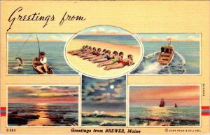 ME Maine BREWER GREETINGS Bathing Beauties~Fishing PENOBSCOT CO ca1940s Postcard