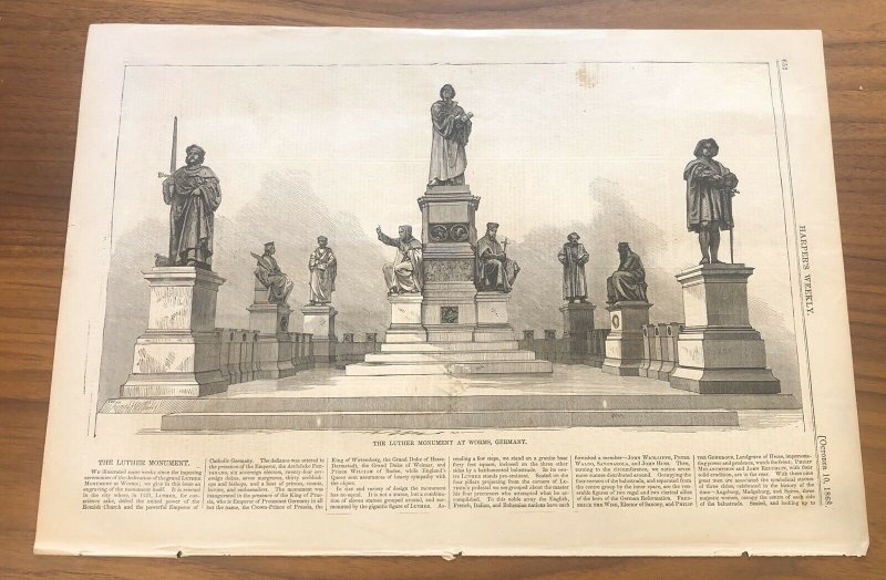 Luther Monument at Worms Germany - October 10 1868 - Harpers Weekly Print 