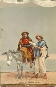 c1910 Postcard Man pours water for Woman on Donkey, Indios de Cochabamba Bolivia