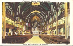 Canada Notre Dame Church The Nave Montreal Linen Postcard 03.62