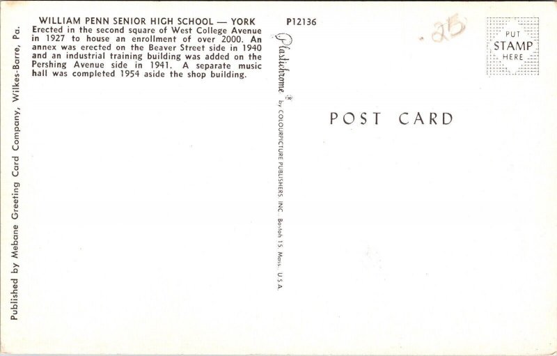 William Penn Senior High School York W College Ave Postcard VTG UNP Vintage  