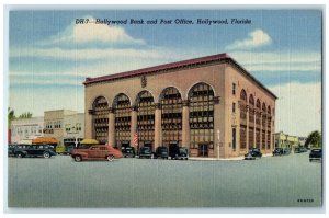 c1930s Hollywood Bank And Post Office Building Cars Hollywod Florida FL Postcard